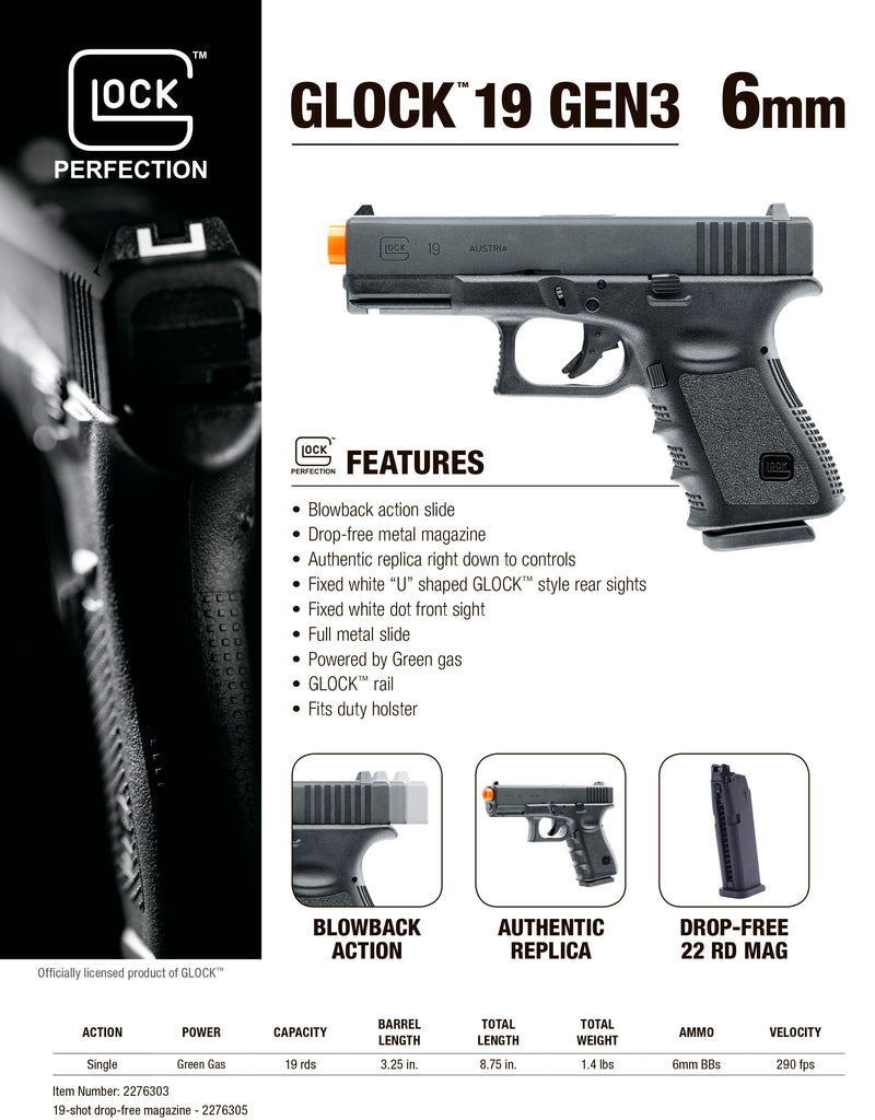 Umarex Glock Gen3 G19 Gas Blowback Airsoft Pistol, Black (2276303) with Wearable4U Bundle.