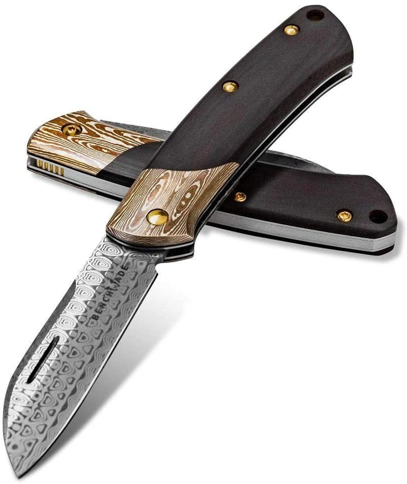 Benchmade 319-201 Proper Gold Class, 2.82" Damasteel, Mokume Bolster, Burgundy/Black Linen Micarta Handle Knife