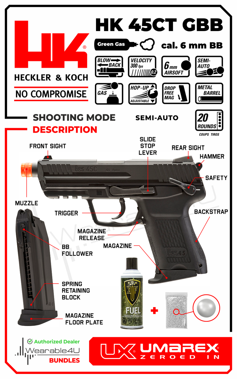 Umarex Elite Force H&K 45CT GBB(VFC) Airsoft Pistol Green Gas BB Air Soft Gun with Elite Force Airsoft Green Gas Can and Extra Mag and Wearable4U Pack of 1000 6mm 0.20g BBs Bundle (Black)