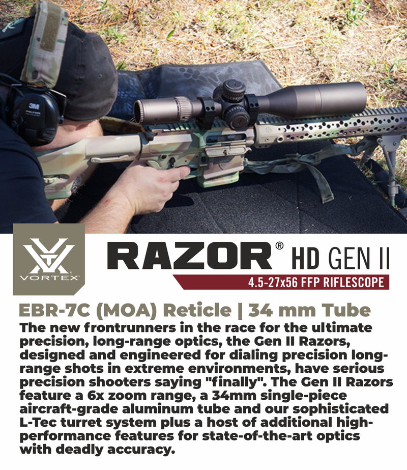 Vortex Optics Razor HD Gen II 4.5-27x56 FFP Riflescope EBR-7C MOA, 34mm Tube with Wearable4U Mount and Hat Bundle