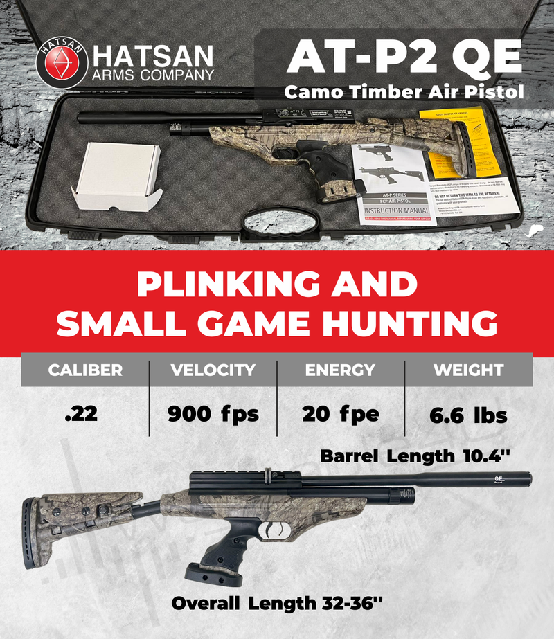 Hatsan At-P2 QE QuietEnergy Tact PCP 900 FPS / 20 FPE Air Pistol .22 Caliber Timber with Case and Included Bundle