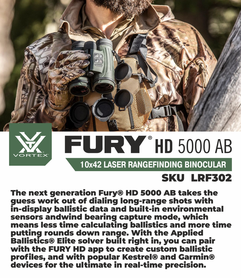 Vortex Optics LRF302 Fury HD 5000 AB 10x42 Applied Ballistics Laser Rangefinding Binocular with Free Hat Bundle