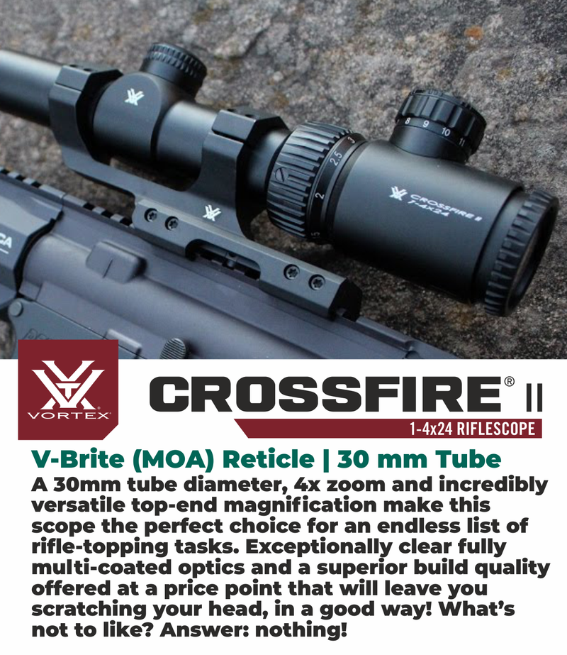 Vortex Optics Crossfire II 1-4x24 SFP Riflescope, V-Brite Illuminated Reticle (MOA), 30mm Tube with Free Hat Bundle