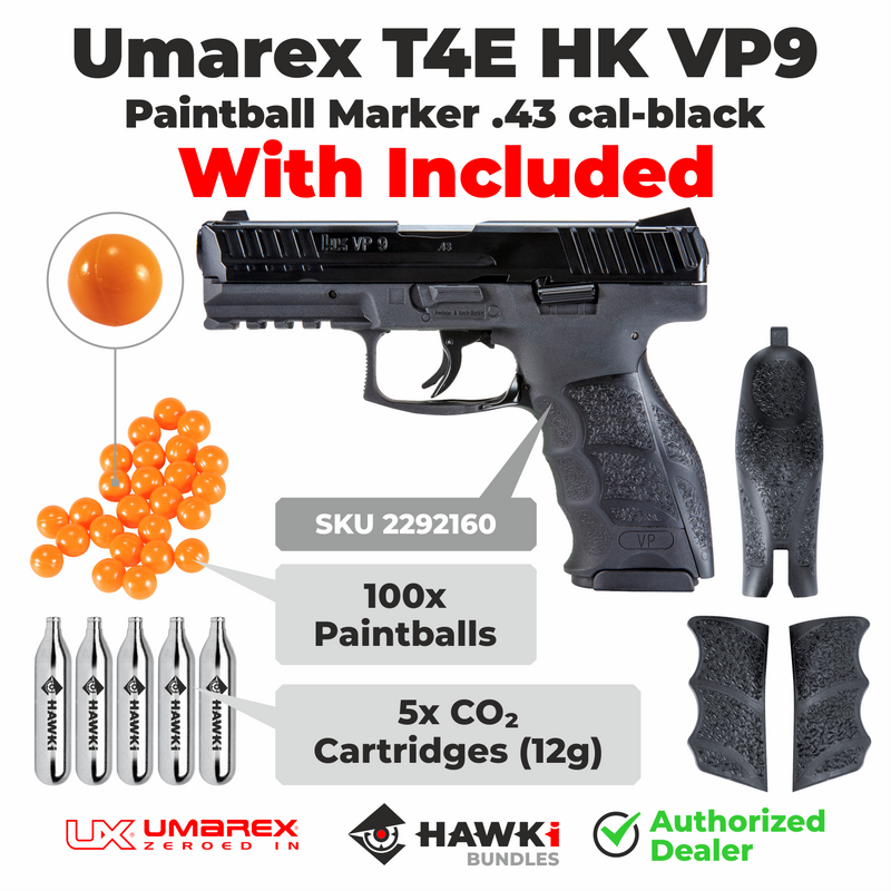 Umarex T4E HK VP9 .43 Сal Blowback Black Paintball Marker (2292160) with Hard Case + 5 CO2s +100x Paintballs Bundle