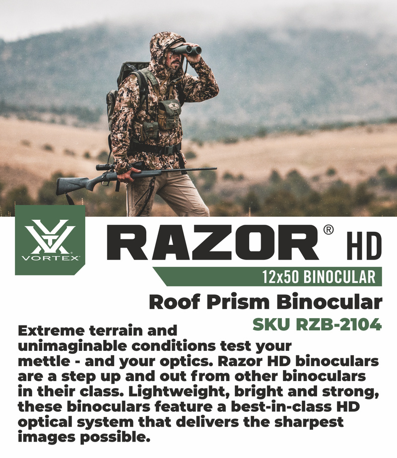 Vortex Optics Razor HD 12x50 Roof Prism Binocular RZB-2104 with Free Hat and Wearable4U Bundle