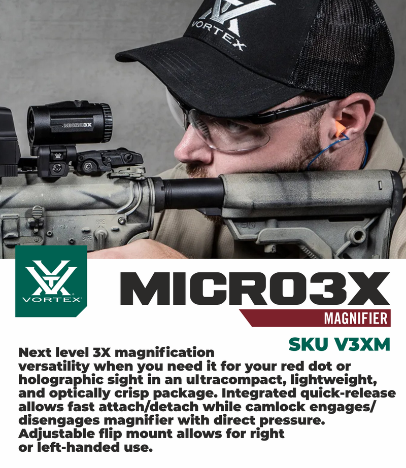 Vortex Optics Micro3X Red Dot Sight Magnifier with Quick-Release Mount with Free Hat and Wearable4U Bundle