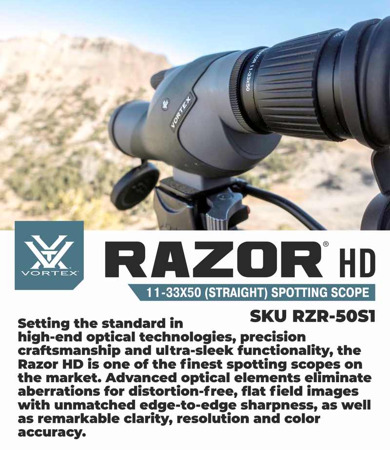 Vortex Optics RZR-50S1 Razor HD 11-33x50 Straight Spotting Scope with Free Hat and Wearable4U Bundle