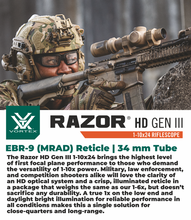 Vortex Optics Razor HD Gen III 1-10x24 FFP EBR-9 34mm Tube Riflescope with Mount and Hat Bundle Bundle