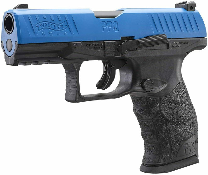 Umarex T4E .43 Cal Walther PPQ LE Paintball Pistol Law Enforcement Trainer with Included 5x12 Gram CO2 Tanks and Pack of .43 Cal Reusable Rubber Balls Bundle (Black/Blue)