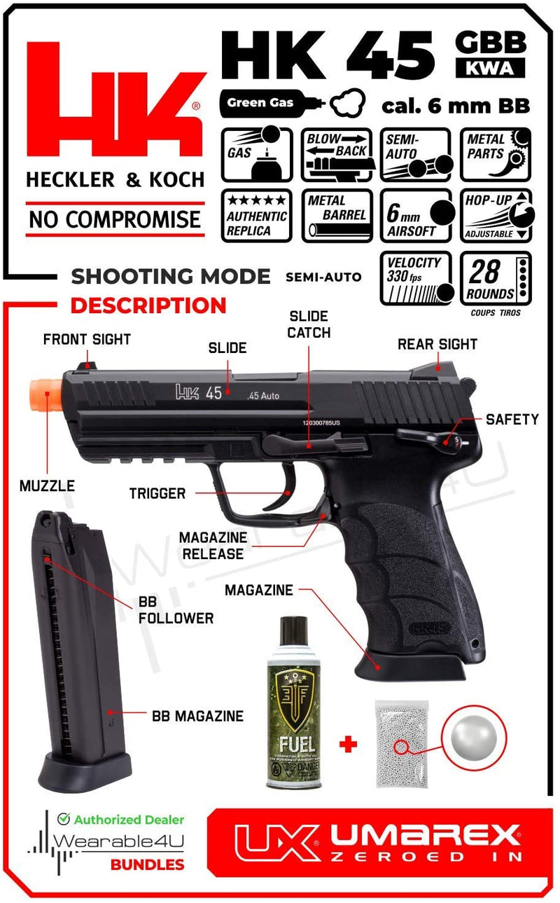Umarex Elite Force H&K Heckler & Koch 45 GBB(KWA) Airsoft Pistol Green Gas Blowback BB Air Soft Gun, Full Size with Elite Force Airsoft Green Gas Can and Wearable4U Pack of 1000 6mm