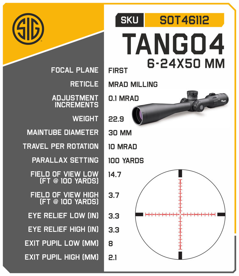 Sig Sauer Tango4 6-24x50 30mm Riflescope, FFP, MRAD Milling Illuminated Reticle, Black