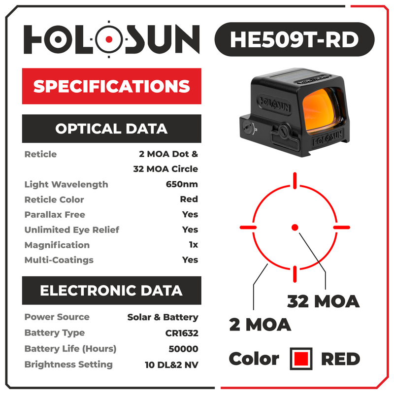 Holosun HE509T-RD Red Dot Sight, 2 MOA Dot, Black