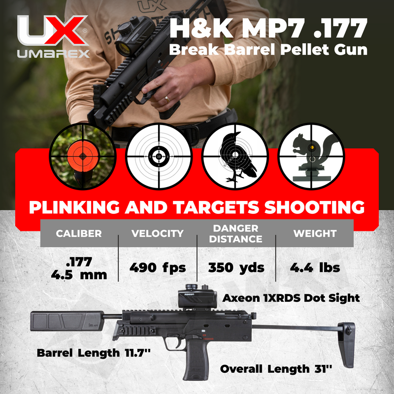 Umarex MP7 .177 Cal Break Barrel Pellet Air Pistol (2252312) with Pack of .177 cal Pellets Bundle