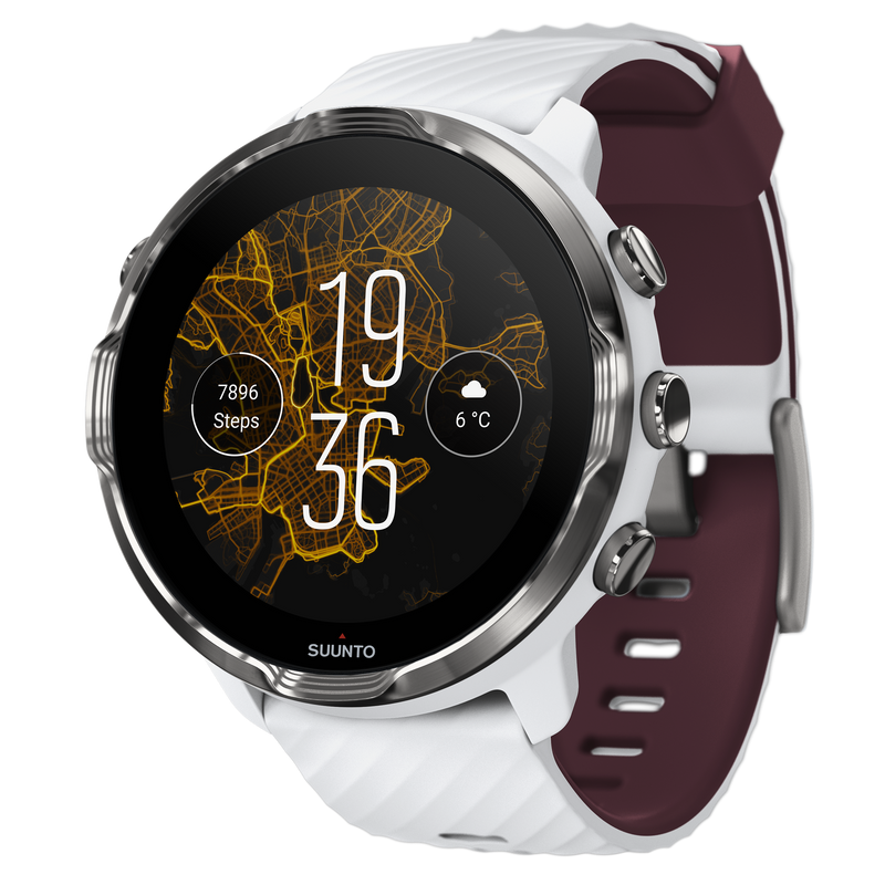SUUNTO 7 White Burgundy GPS Smartwatch with Versatile Sports Experience with Wearable4U EarBuds Power Bundle