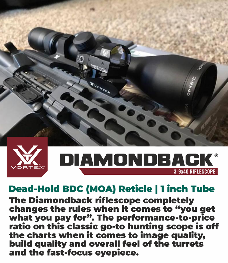 Vortex Optics Diamondback 3-9x40 Dead-Hold BDC (MOA) Reticle, 1 inch Tube Riflescope with Hat and  Rings Bundle