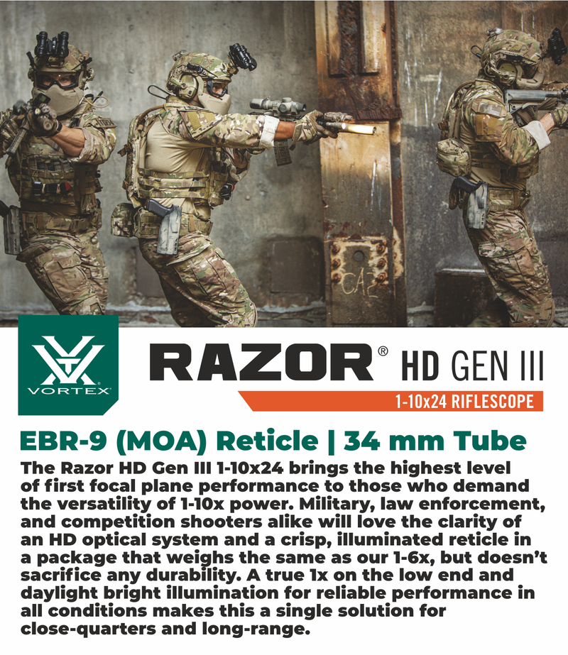 Vortex Optics Razor HD Gen III 1-10x24 FFP EBR-9 34mm Tube Riflescope with Mount and Hat Bundle Bundle