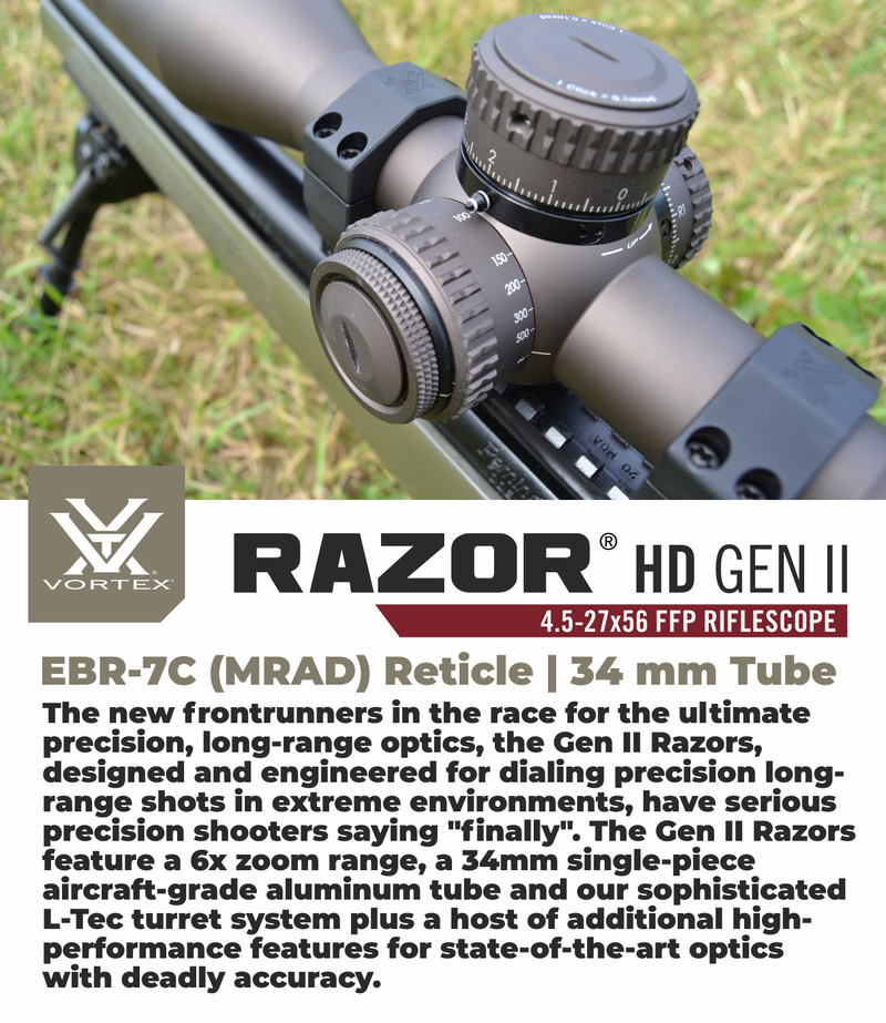 Vortex Optics Razor HD Gen II 4.5-27x56 FFP Riflescope EBR-7C (MRAD), 34mm Tube with Vortex Optics Free Hat, Black Camo Bundle