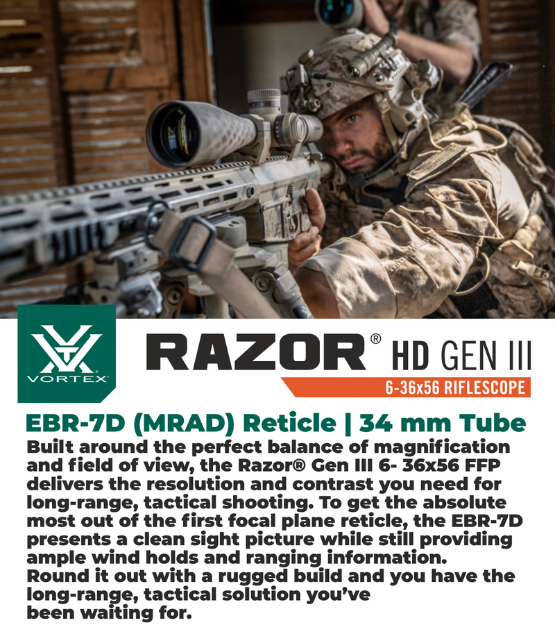 Vortex Optics Razor HD Gen III 6-36x56 FFP EBR-7D (MRAD) Reticle 34 mm Tube Riflescope with Wearable4U Bundle