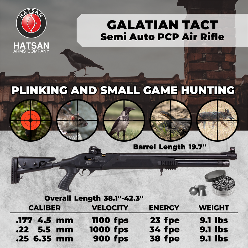 Hatsan Galatian Tact Semi Auto .25 Caliber PCP Air Rifle with Wearable4U .25 cal 150ct Pellets and 100x Paper Targets Bundle
