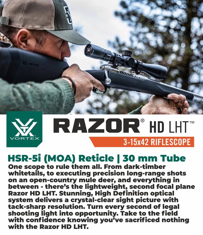 Vortex Optics Razor HD LHT 3-15x42 SFP HSR-5i (MOA) Reticle 30 mm Tube Riflescope with Mount and Hat Bundle