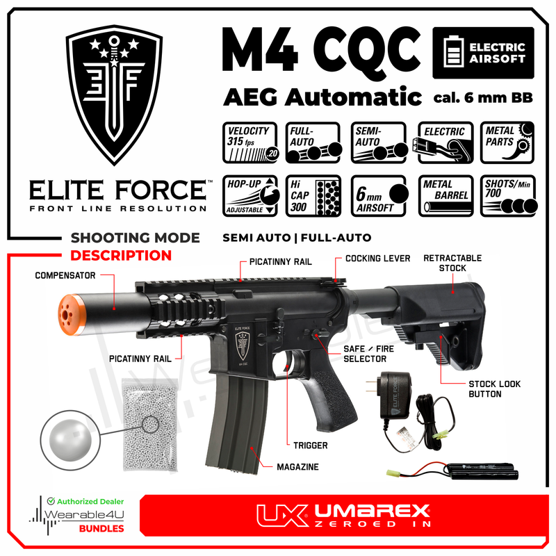 Umarex Elite Force M4 AEG Automatic 6mm BB Airsoft Rifle CQC, Black with 9.6V Battery and Charger and Wearable4U Pack of 1000 6mm BBs Bundle