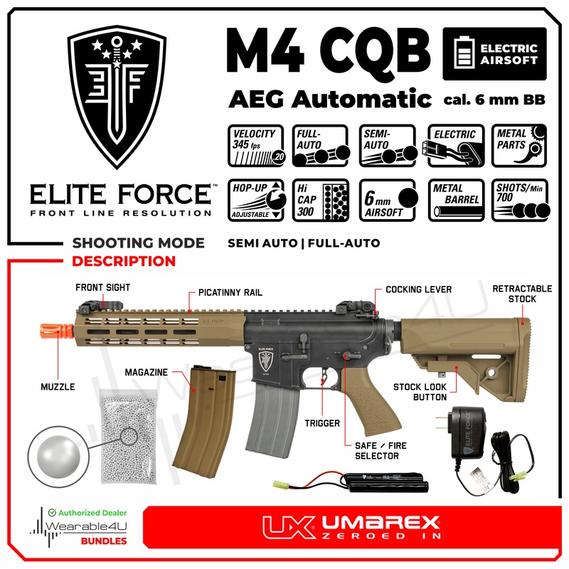 Umarex Elite Force M4 AEG Automatic 6mm Airsoft BB Rifle, CQB with 9.6V Battery and Charger, Spare 300ds Mag and Wearable4U Pack of 1000 6mm BBs Bundle (Black/Tan)