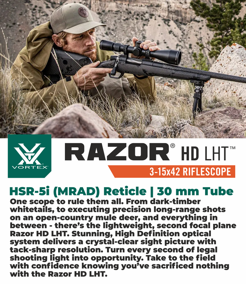 Vortex Optics Razor HD LHT 3-15x42 SFP HSR-5i (MRAD) Reticle 30 mm Tube Riflescope with Mount and Hat Bundle
