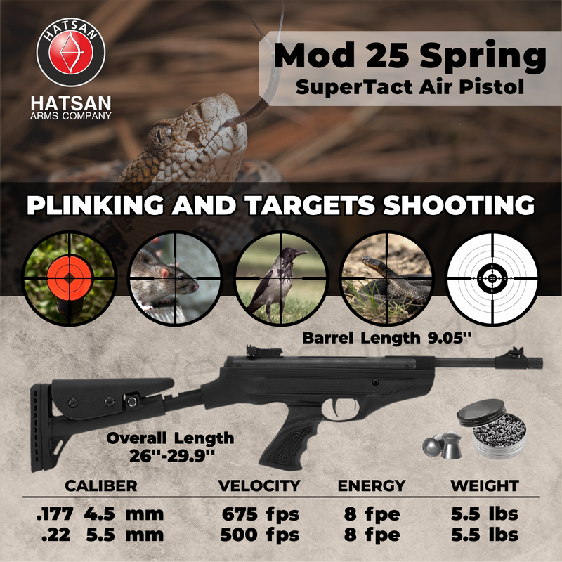 Hatsan MOD 25 Spring SuperTact Break Barrel .22 Caliber Air Pistol with Wearable4U .22 cal 250ct Pellets and 100x Paper Targets Bundle
