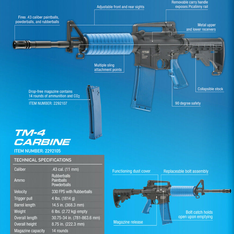 Umarex T4E TM-4 Rifle - Blue/Blk 1 Mag + Spare Bolt Assembly 2292105