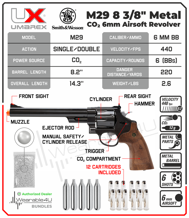 Umarex S&W M29 8 3/8" CO2 Metal Revolver Electroplated Airsoft Pistol with 5x12 CO2 Tanks and Wearable4U Pack of 1000 BBs Bundle