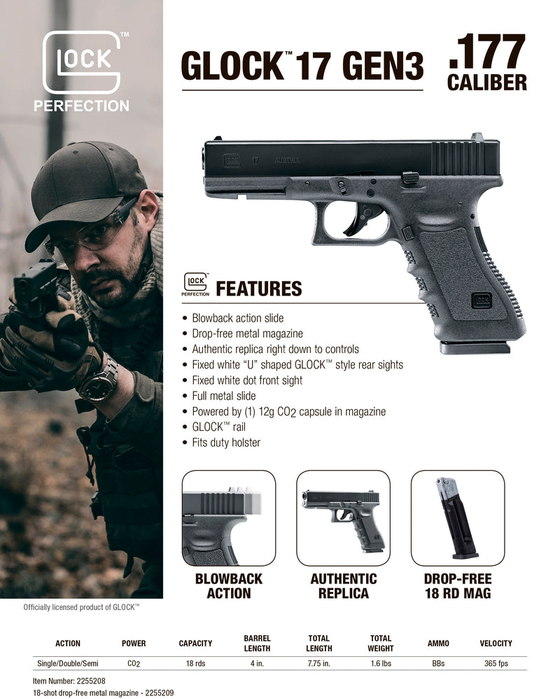 Umarex Glock 17 Gen 3 .177 Caliber, 18 Rounds Blowback Air Pistol, Black (2255208) with 5x12 CO2 Tanks and Pack of 1500ct BBs and Extra Mag Bundle