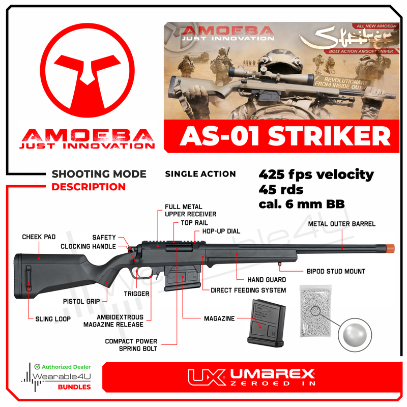 Umarex Elite Force Amoeba AS-01 Striker Rifle Gen2 6mm BB Sniper Airsoft Rifle with Spare 45rds Mag and Wearable4U Pack of 1000 6mm BBs Bundle