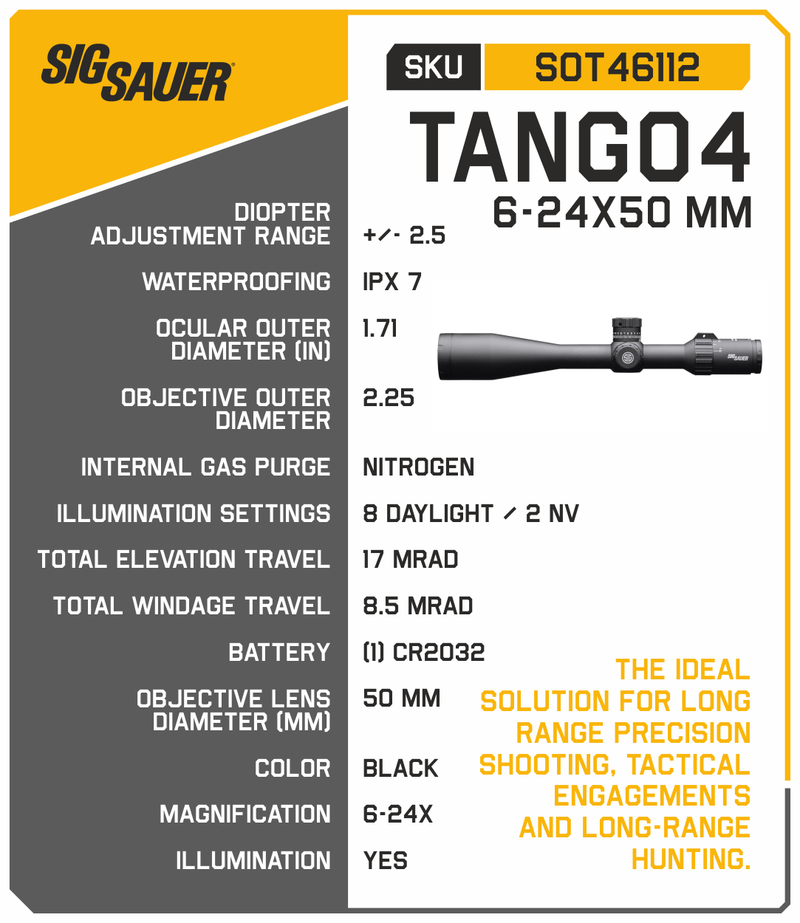 Sig Sauer Tango4 6-24x50 30mm Riflescope, FFP, MRAD Milling Illuminated Reticle, Black