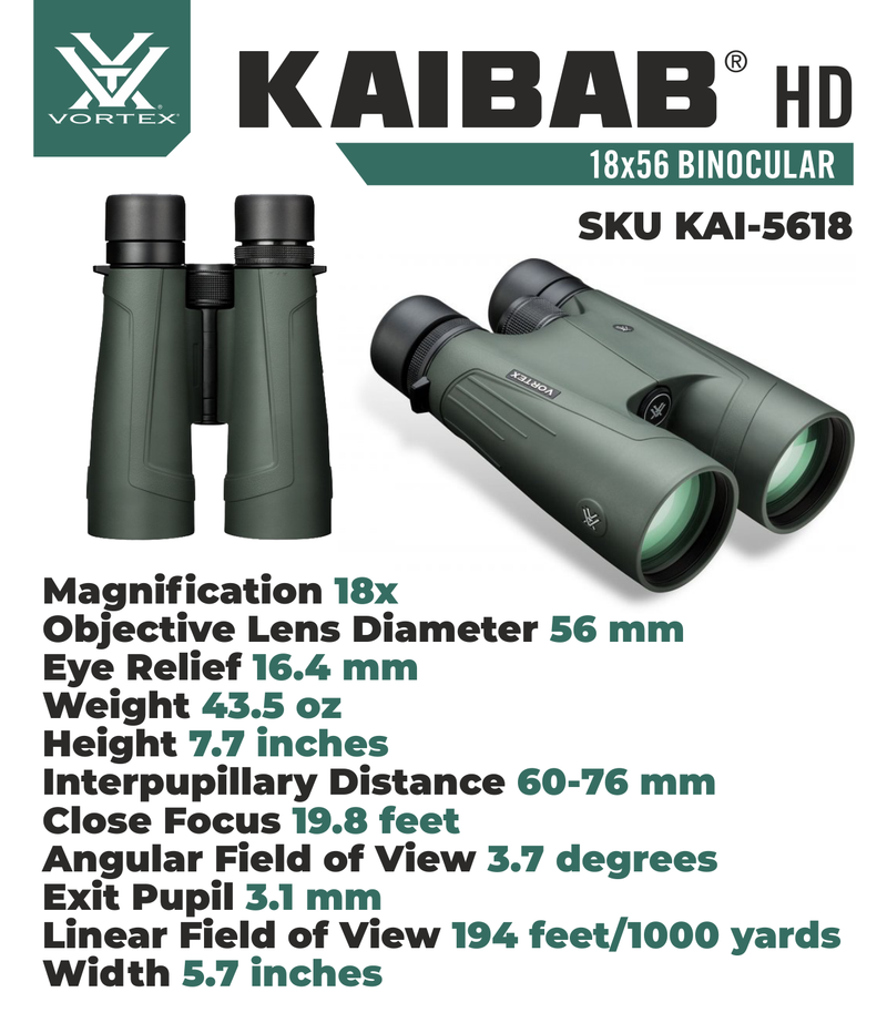 Vortex Optics KAI-5618 Kaibab HD 18X56 Binocular with Free Hat Bundle