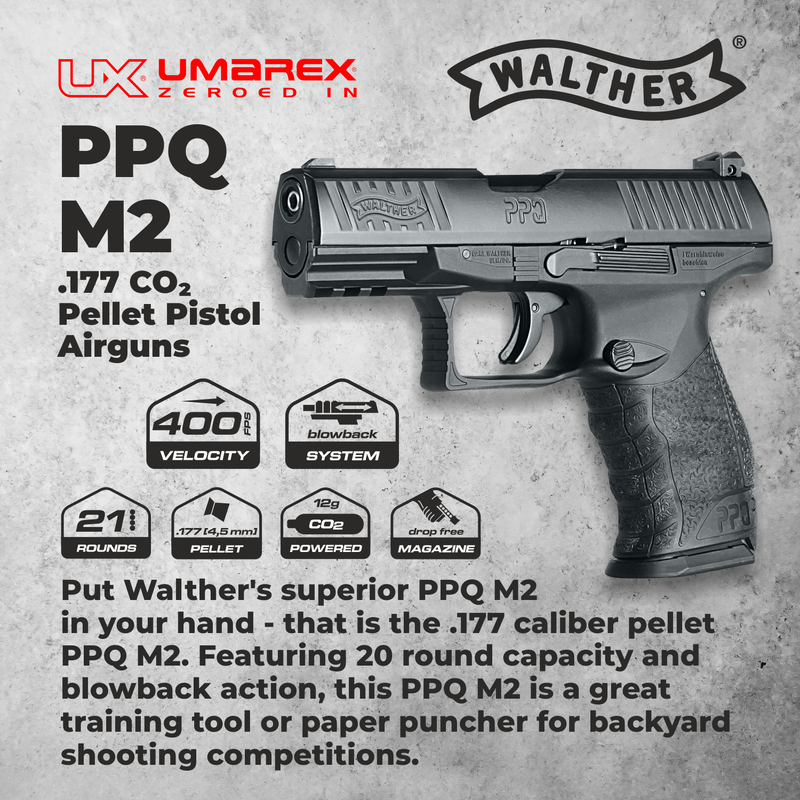 Umarex Walther PPQ M2 .177 Cal CO2 Powered Semi-Auto Pellet Blowback Air Pistol with 5x12g CO2 and Pack of 500 Pellets Bundle