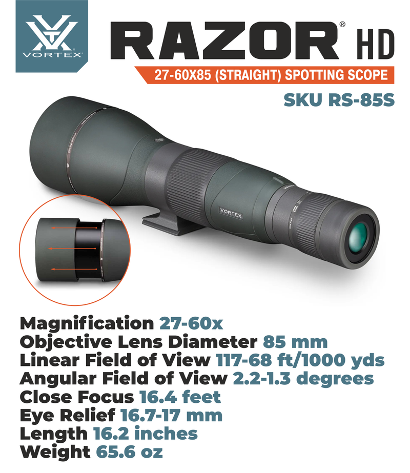 Vortex Optics Razor HD 27-60X85 Straight RS-85S Spotting Scope with Free Hat and Lens Cleaning Pen Bundle