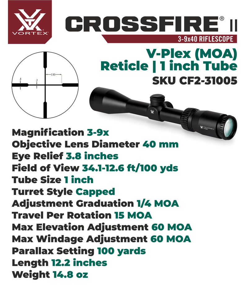 Vortex Optics Crossfire II Second Focal Plane 3-9X40 V-Plex (MOA) Reticle 1 inch Tube Riflescope and Wearable4U Bundle