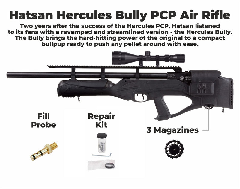 Hatsan Hercules Bully .35 Cal PCP Air Rifle with 4-12x40 Scope (w\ Rings) and Pellets and Wearable4U Hard Case and Cleaning Pen Bundle
