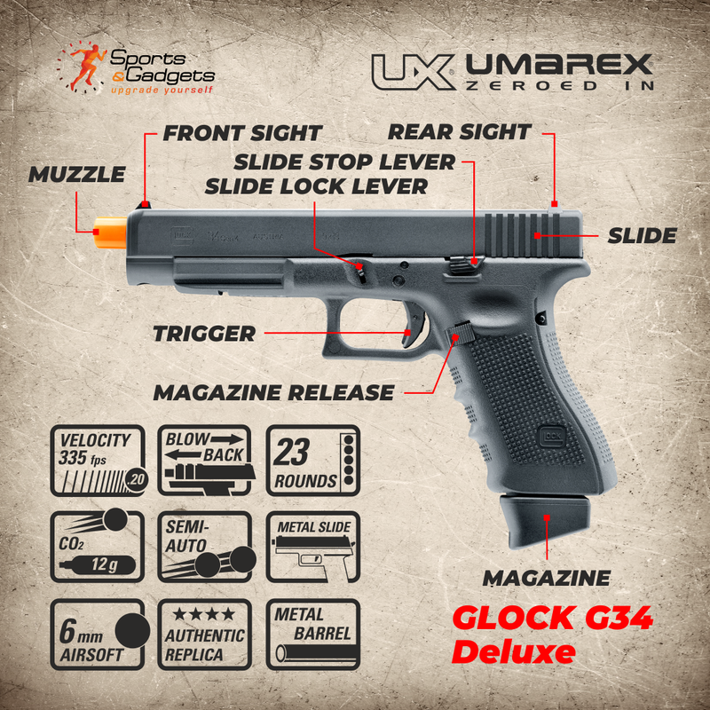 Umarex Glock G34 Gen4 C02 Blowback Deluxe (VFC) Airsoft Pistol BB Air Soft Gun with 5x 12gr CO2 Tanks and Wearable4U Pack of 1000 6mm 0.20g BBs Bundle
