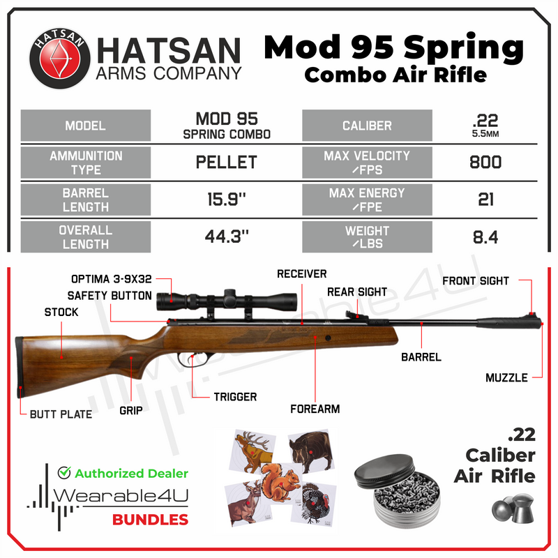 Hatsan Mod 95 Spring Combo .22 Caliber Air Rifle with Wearable4U 100x Paper Targets and 250x .22cal Lead Pellets Bundle