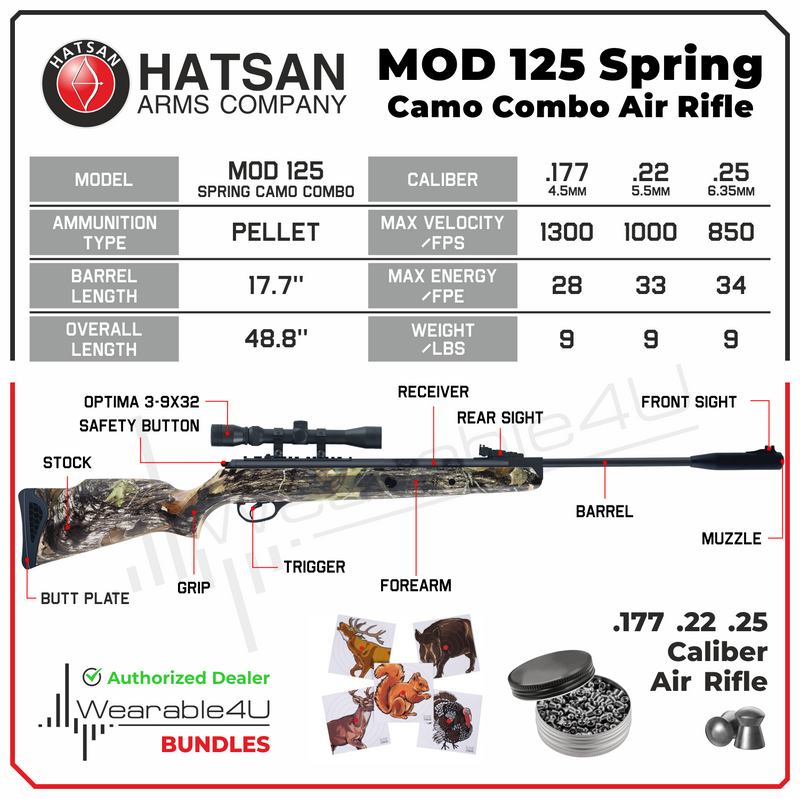 Hatsan Mod 125 Spring Camo Combo .22 Cal Air Rifle with Wearable4U 100x Paper Targets and 250x .22cal Lead Pellets Bundle