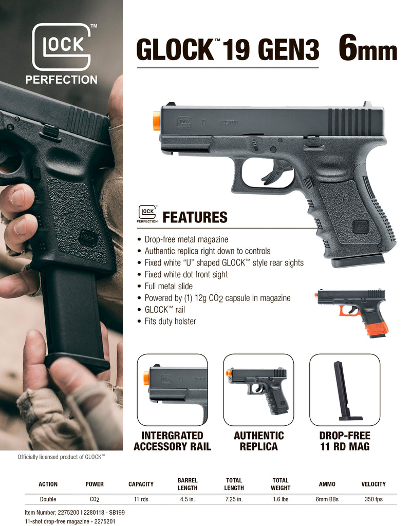 Umarex Glock 19 Gen3 6mm BB Airsoft Pistol, Black (2275200)