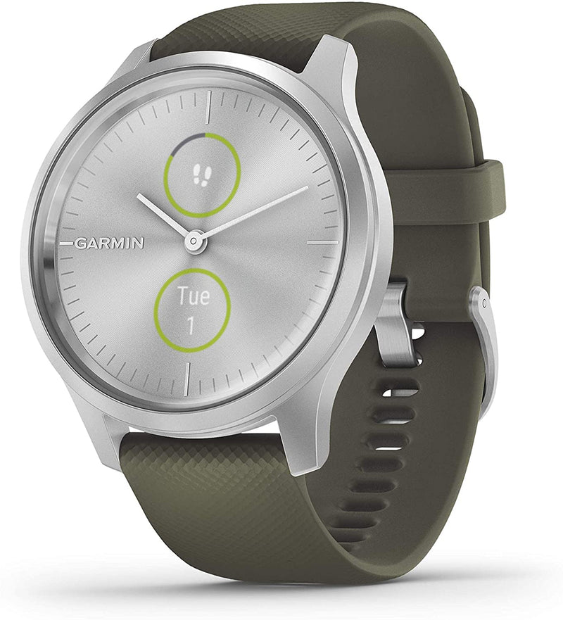Garmin Vivomove 3 Style, Hybrid Smartwatch with Included Wearable4U Ultimate White Earbuds with Charging PowerBank Case Bundle (Moss Green/Silver)