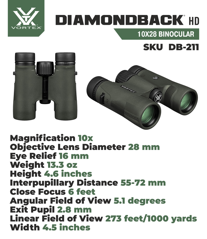Vortex Optics DB-211 Diamondback HD 10x28 Binocular with Free Hat Bundle