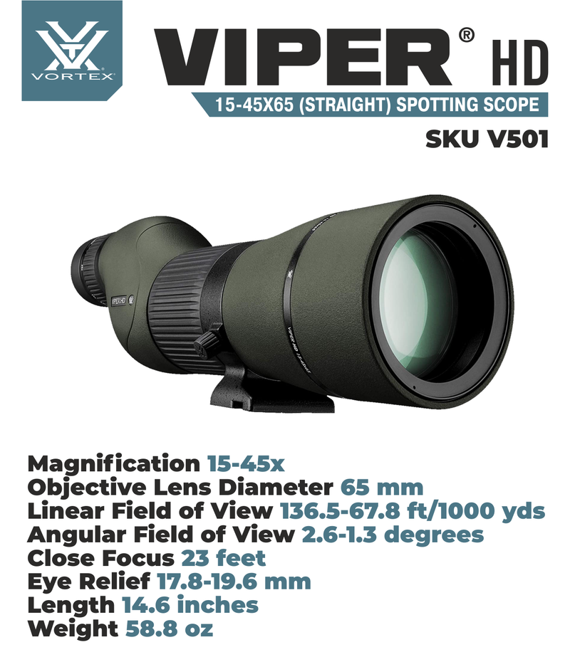 Vortex Optics Viper HD 15-45x65 Straight Spotting Scope V501 with Free Hat and Wearable4U Bundle