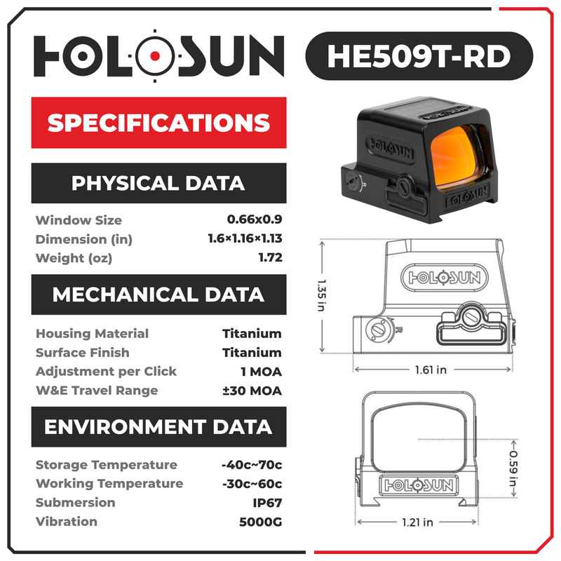 Holosun HE509T-RD Red Dot Sight, 2 MOA Dot, Black