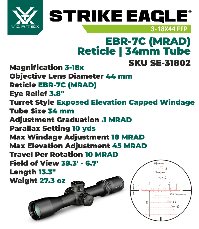 Vortex Optics Strike Eagle 3-18x44 FFP EBR-7C (MRAD) 34mm Tube Riflescope (SE-31802) with Included Bundle