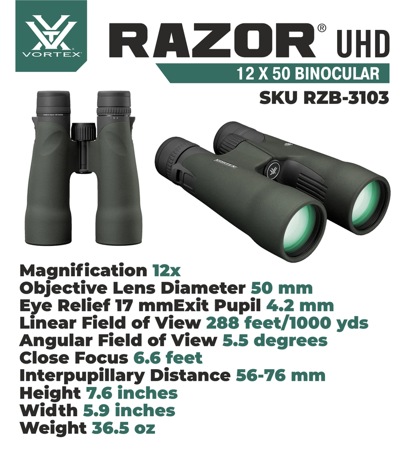Vortex Optics Razor UHD 12x50 Binocular RZB-3103 with Free Hat and Wearable4U Bundle
