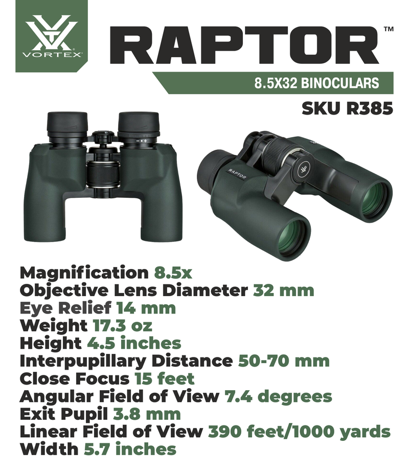 Vortex Optics Raptor 8.5x32 Porro Prism Binocular (R385) with Free Hat Bundle