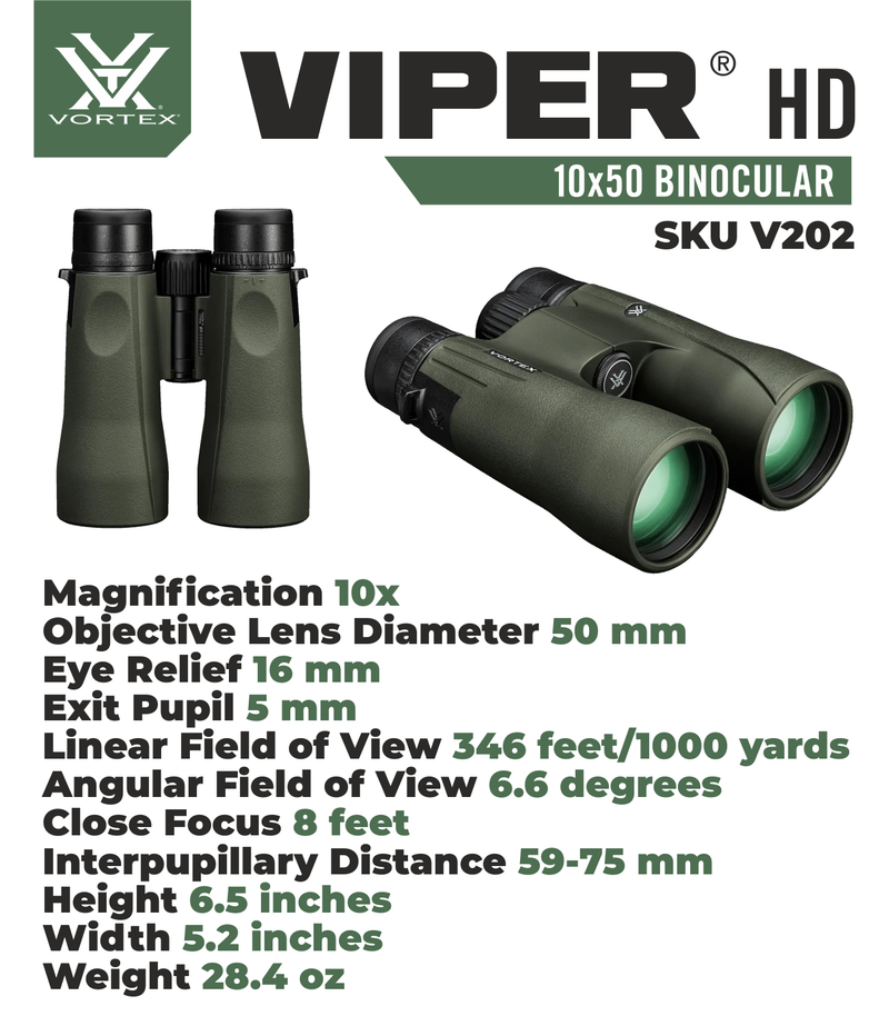 Vortex Optics Viper HD 10x50 Roof Prism Binocular V202 with with Free Hat and Wearable4U Bundle
